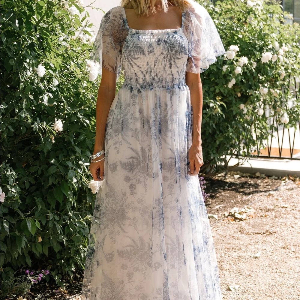NWT Baltic Born Blue and White Cassandra Tulle Floral Maxi Dress